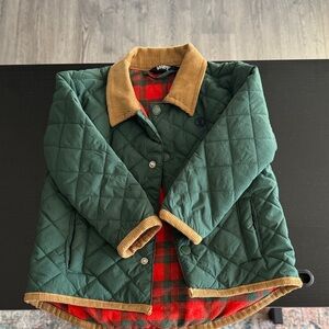 Lands' End Green Quilted Kids Jacket with Tan Trim